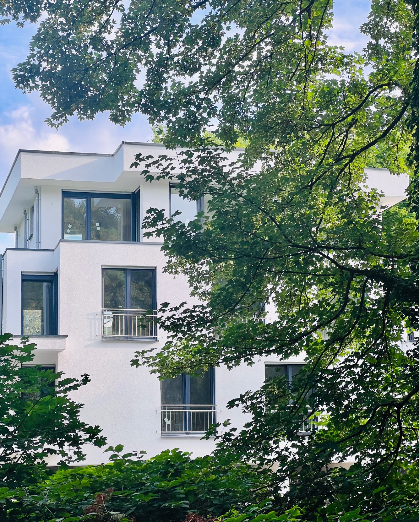 Wohnhaus am Park – weißes Mehrfamilienhaus mit Balkonen und großem Baumbestand